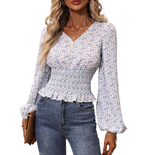 Camisa de cintura elástica para mujer Blusa de gasa Manga larga abullonada Estampado floral Cuello en V Camisa superior