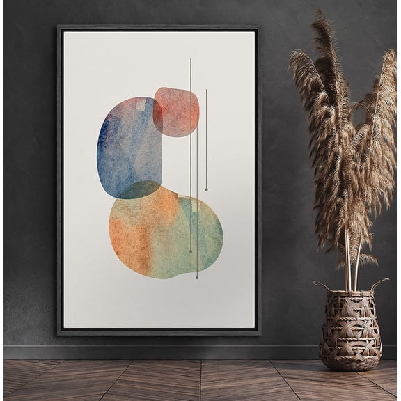 PixonSign Framed Canvas Print Wall Art Orange, Blue, Green Watercolor Squares Abstract Shapes Illustrations Minimalism Chic Relax/Calm Multicolor Warm for Living Room, Bedroom, Office - 24"x36" Black