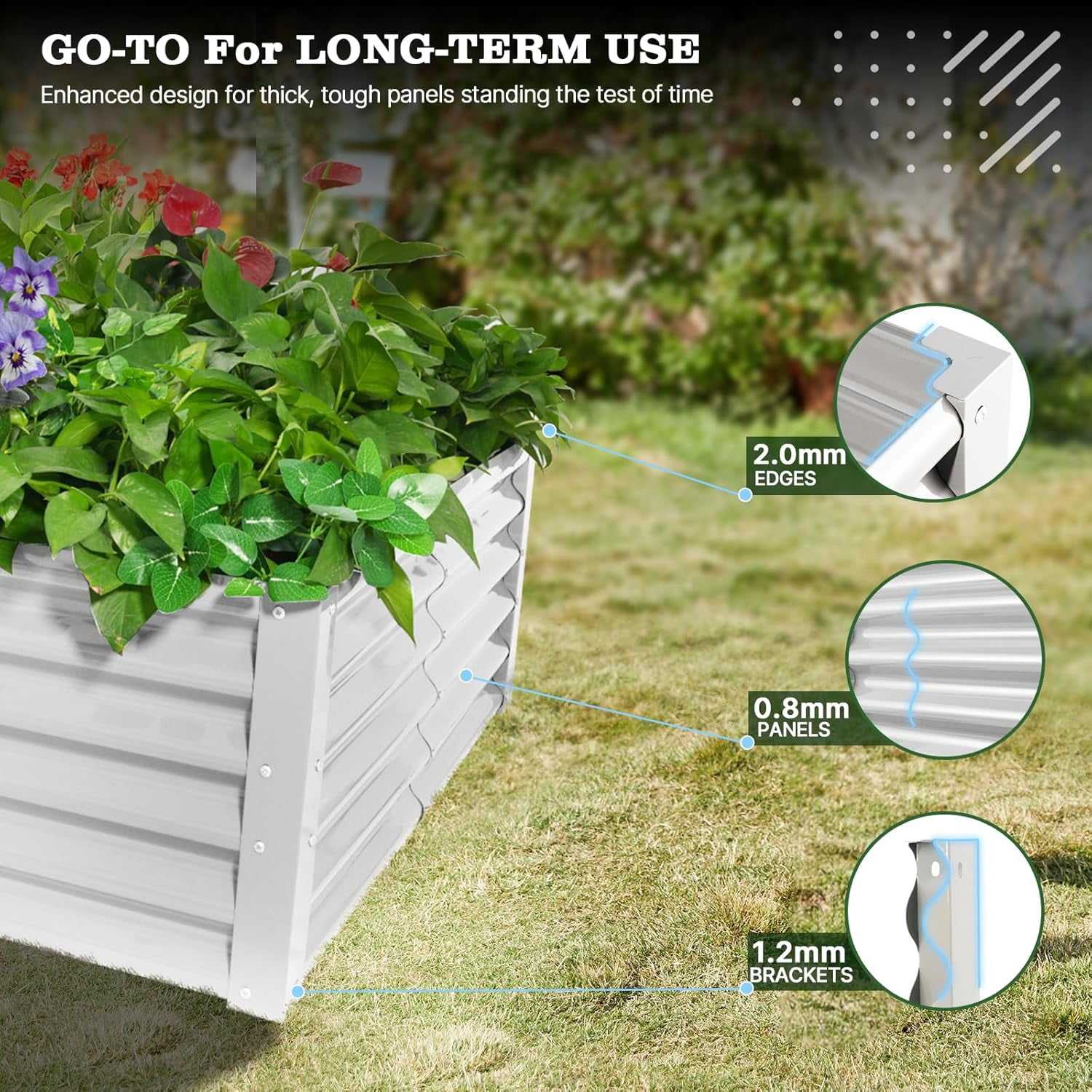 A ANLEOLIFE 8-Piece 18 Inch Tall Antique White Raised Garden Beds Kit, L-Shaped & Square Metal Planters –Ideal for Structured Backyard Layouts.