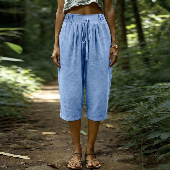 KIHOUT Women Summer High Waisted Wide Leg Capri Pants Solid Color Drawstring Elastic Waist Casual Cropped Trousers with Pockets Loose Fit Beach Pants