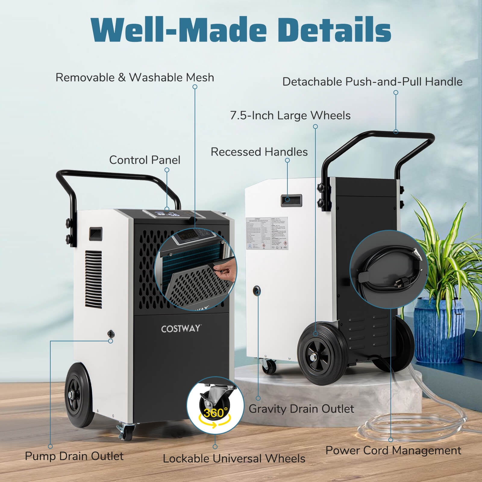 Costway 49-Pint(DOE) Commercial Dehumidifier with Pump Drain Hoses for Basements Job Sites 7,500 Sq.ft Coverage Area (MAX 154Pint at 95°F, 90%RH)