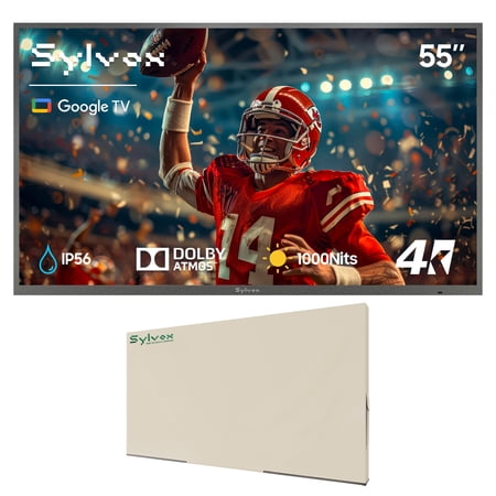 SYLVOX 55" Outdoor TV With Cover, 4K UHD Google Television for Partial Sun Outside with 1000nit Brightness, IP55 Weatherproof, Dolby Atmos, Voice Remote (Deck Pro 3.0)
