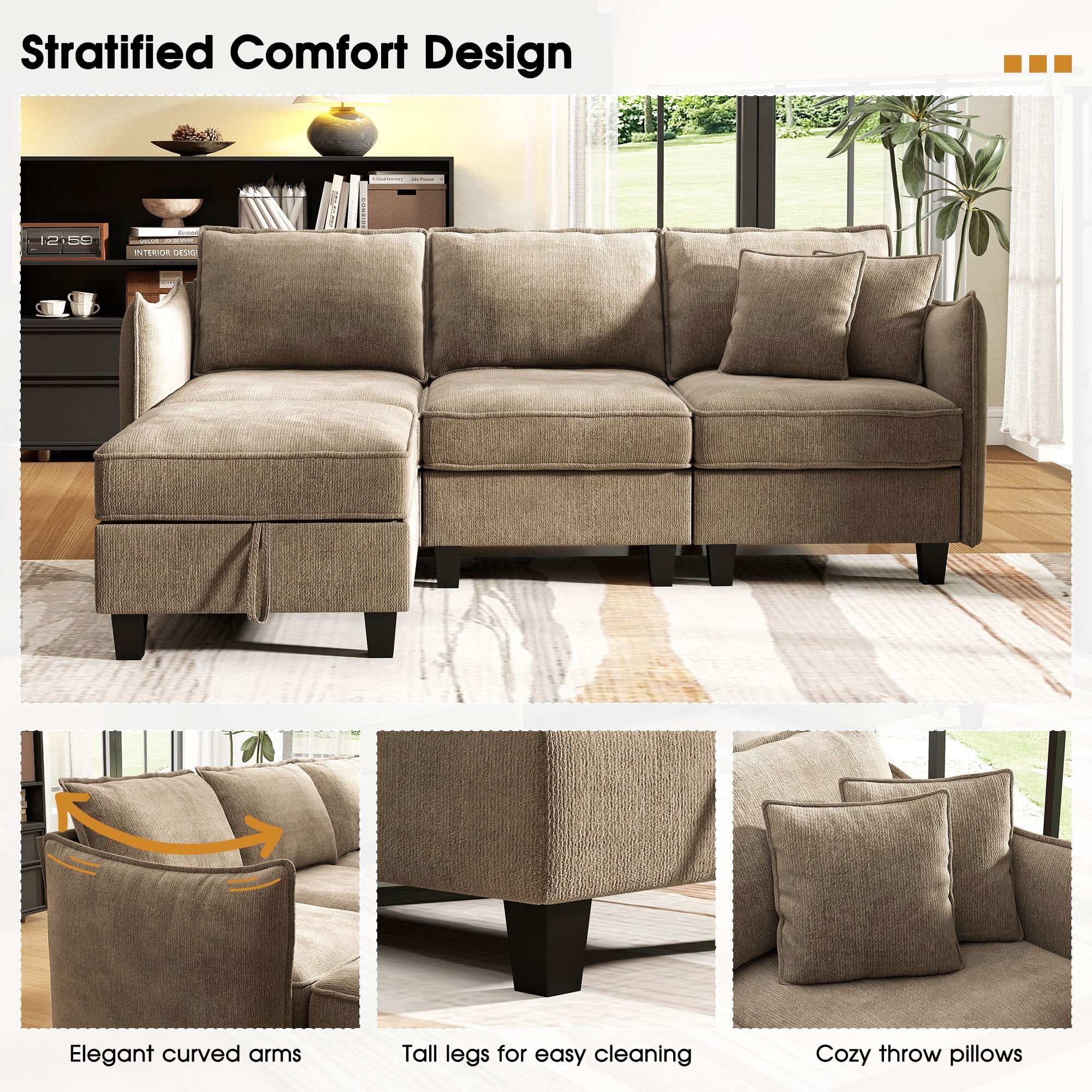 BedLuxury 84” Modular Sectional Sofa with Moveable Storage Ottoman, Cloud Couch Seats 4, Modern Living Room Furniture, Chenille Brown