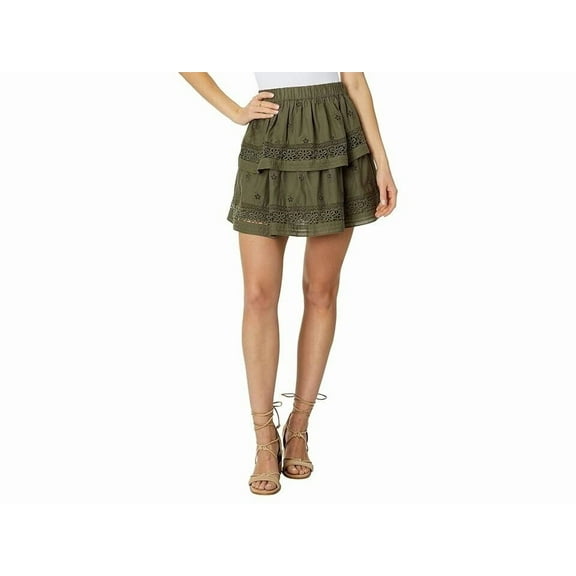 Lucky Brand Women Cotton Schiffly Embroidered Mini Skirt Olive Green Size L $90