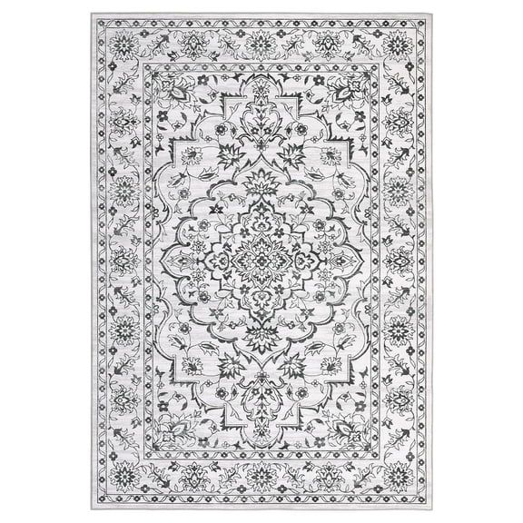 Vintage Washable Area Rug, Non-Slip Low Pile Carpet with Rubber Backing – Soft Distressed Medallion for Living Room or Kitchen