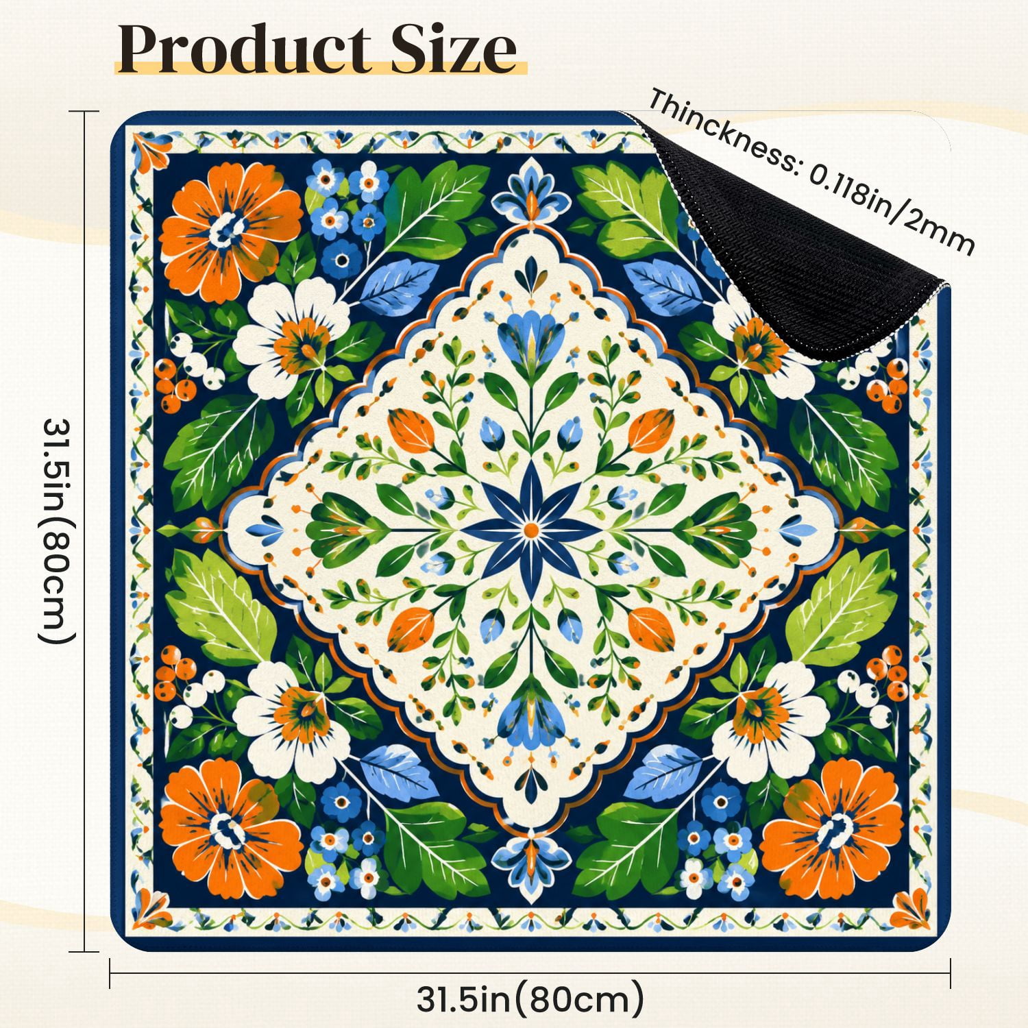 Mahjong Mat 31.5" x 31.5" Floral Folk Art Orange Blue White Flowers Green Leaves Dark Non-Slip Noise Reduction Mahjong Tiles Table Cover for Dominoes Poker Card Board and Tile Games