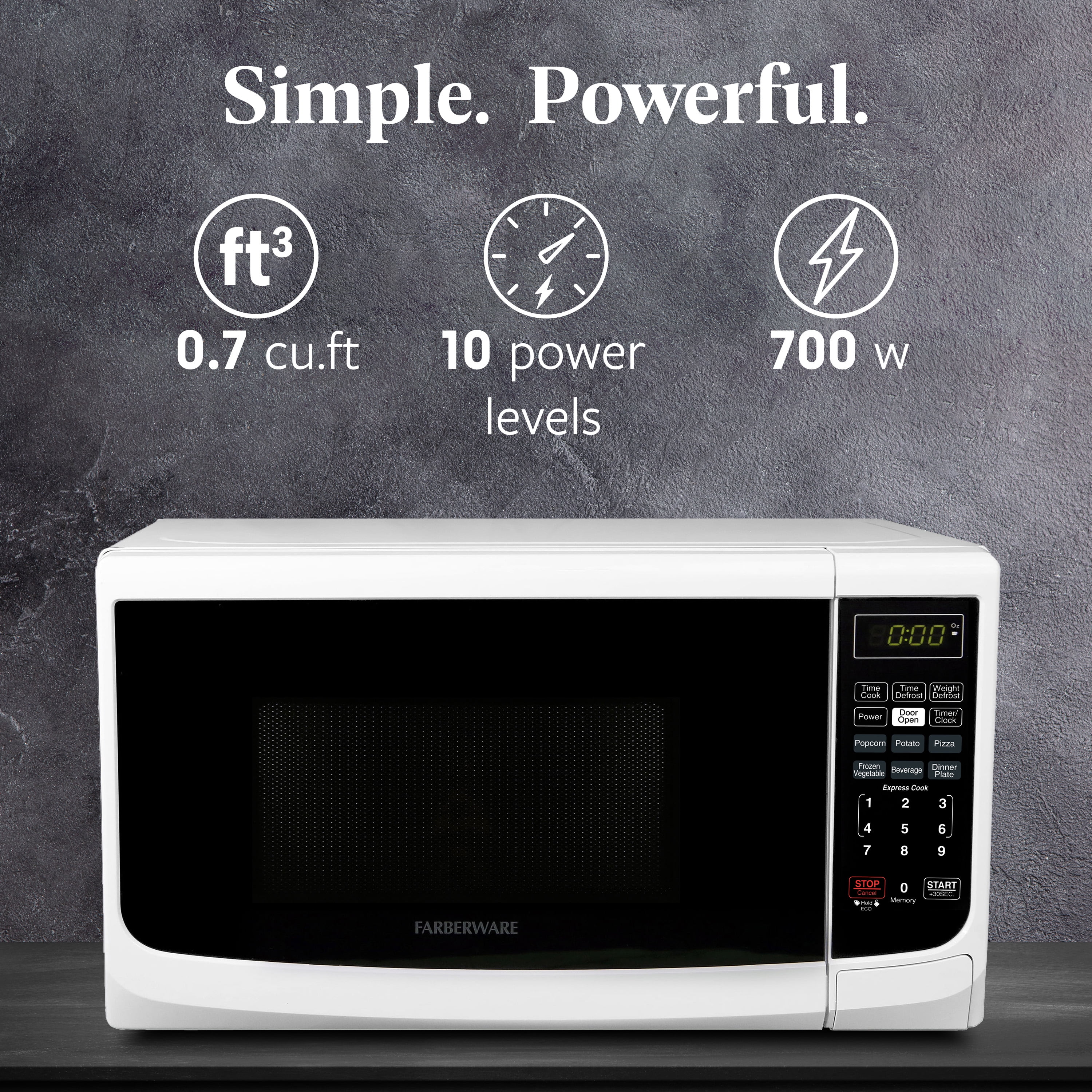 Farberware Countertop Microwave Oven with LED Lighting & Child Lock, 0.7 Cu Ft White