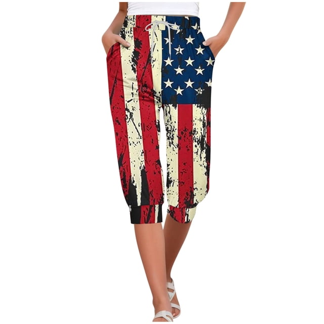 Pantalones Capri Casual Elastic Tie Waist Loose Long Independence Day Pantalones de Mujer con Bolsillos