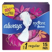 Always Radiant Feminine Pads with Wings, Size 1, Regular Absorbency, Scented, 15 Count