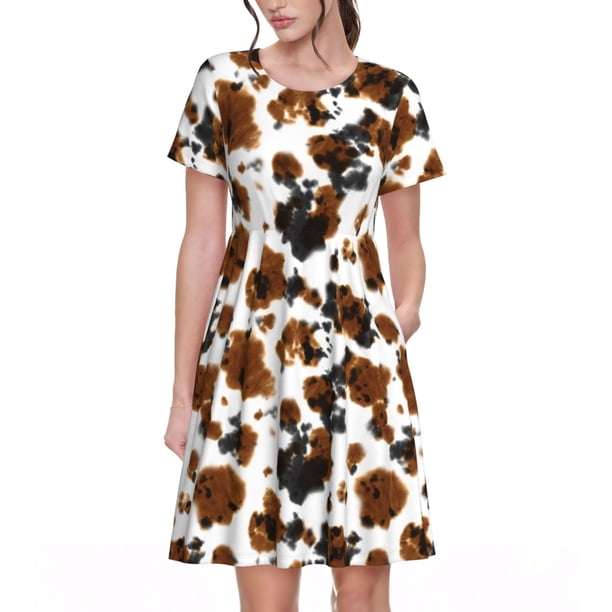 Balery Cow Tie Dye Vestidos sueltos de manga corta para mujer, vestidos de verano 2025, vestidos casuales de corte A con vuelo.