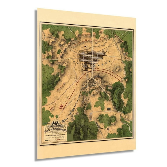 Vintage 1863 Map of the Battle of Gettysburg Pennsylvania Vintage Map Wall Art - American Civil War Poster Showing Line of Battle on July 2nd 1863 - Gettysburg Map