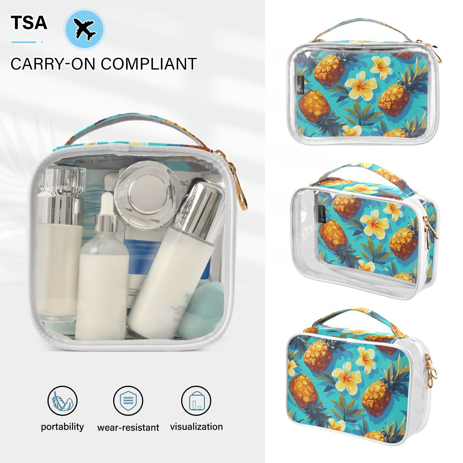 Clear Makeup Bags with Handle Large Opening 2 Pack Set Toiletry Bag Quart Size Bag, for Women Man Traveling Travel Essentials, Toiletries and Other. Flowers Pineapple Summer