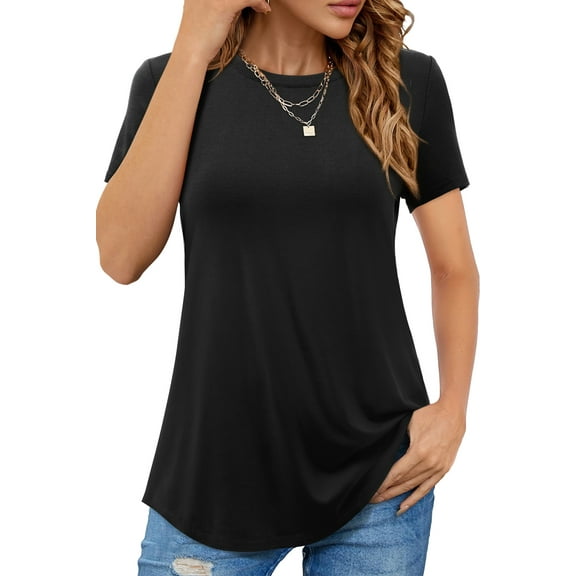 Fancyglim Womens Scoup Neck Short Sleeve Long T-Shirt Curved Hem Tunic, Black L