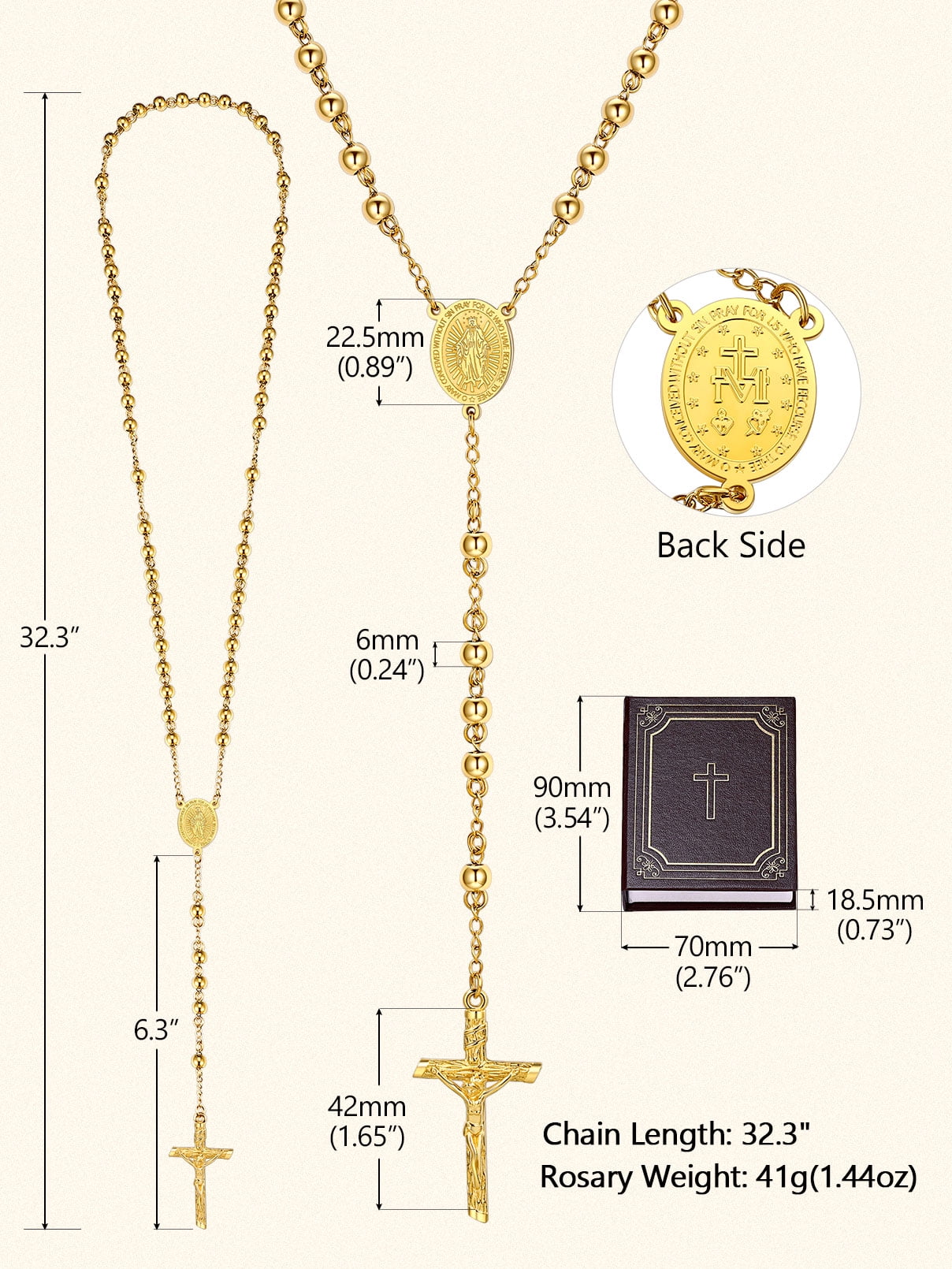 FaithHeart Virgin Mary Rosary Necklace for Women 14K Gold Plated Stainless Steel Bead Catholic Christian Church Jesus Crucifix Cross Necklace with Pray Card Mothers Day Jewelry Gift for Grandmother