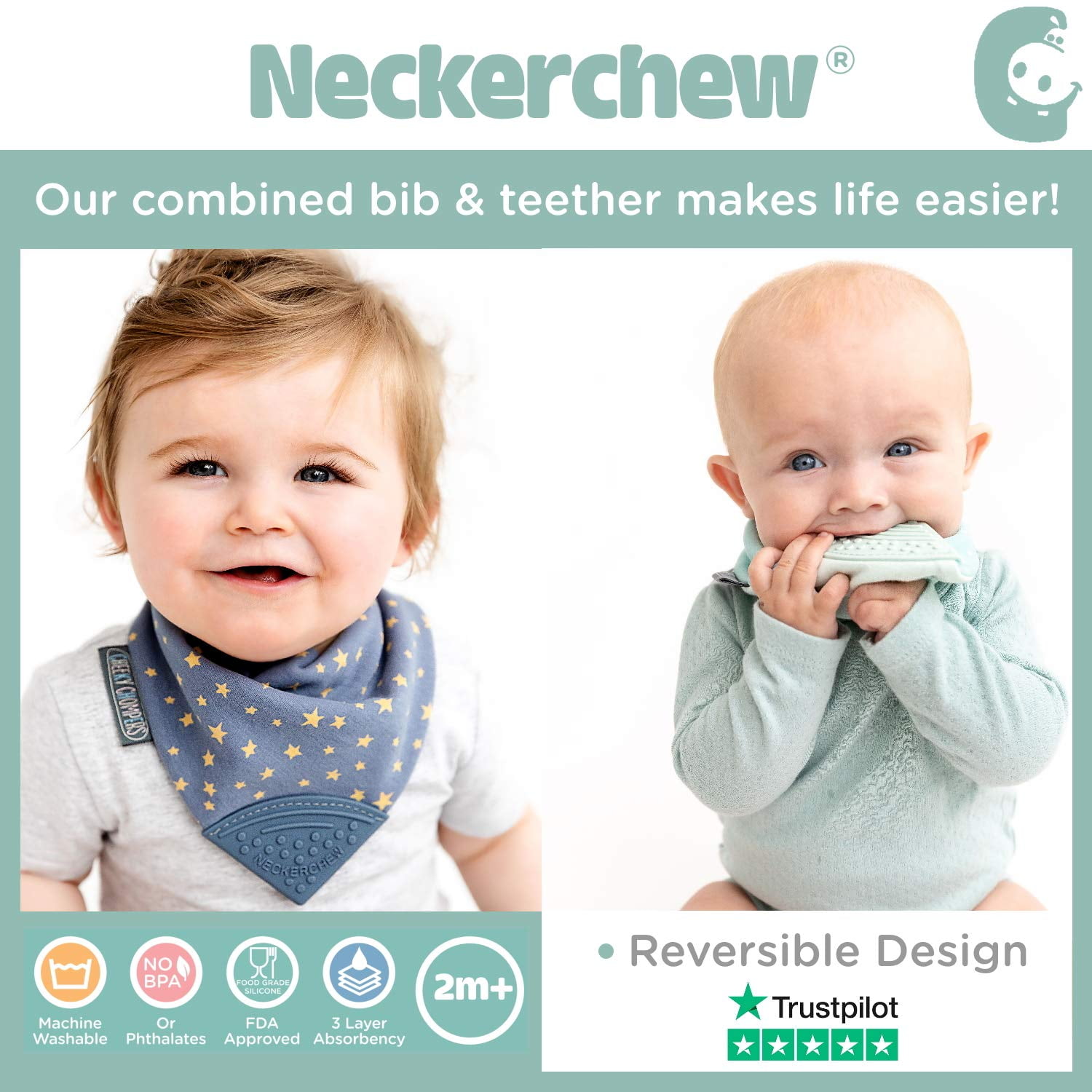 The Original Chewy Teething Bib : Super Absorbent Reversible Bandana Drool Bib for Teething Babies. Food-Grade Silicon Teethers are BPA and Phtalates-Free | Dino Friends Neckerchew by CHEEKY CHOMPERS