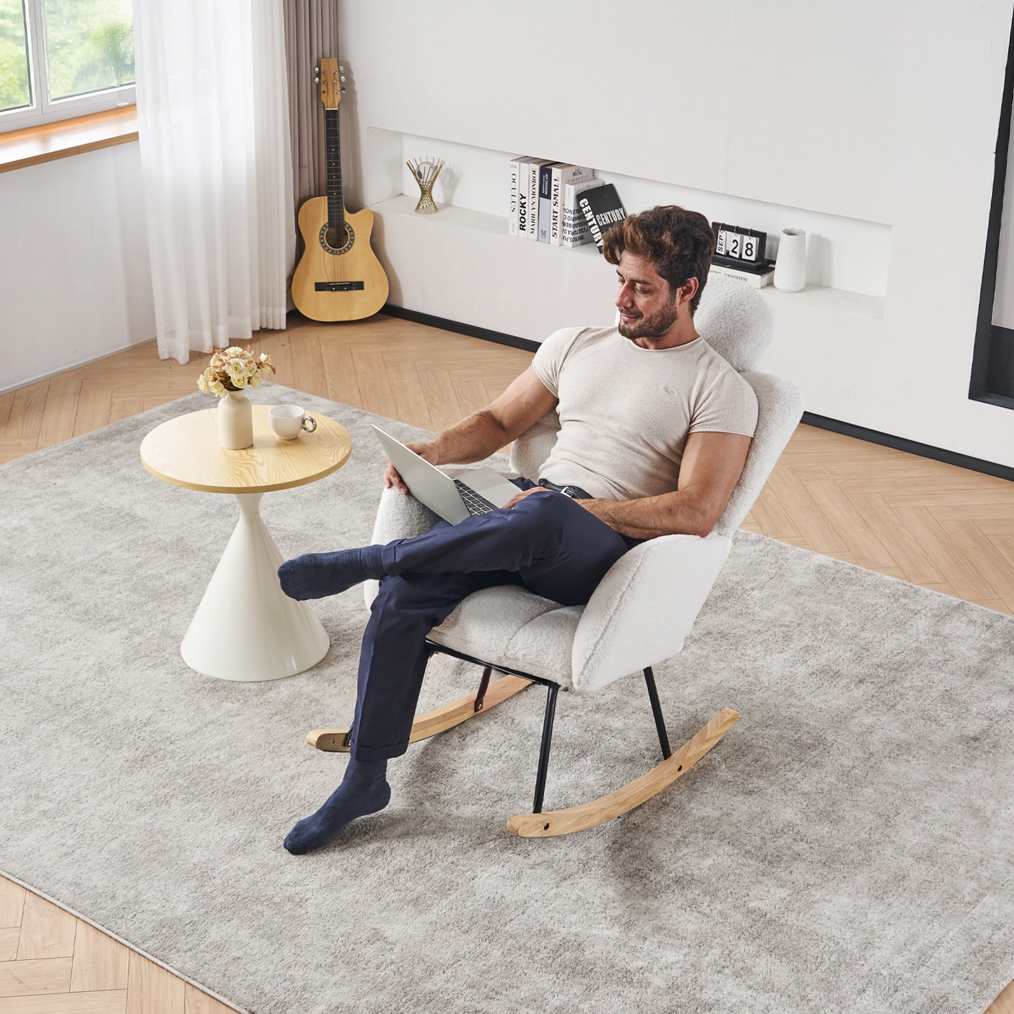 Rocking Chair With Thick Headrest, Nursery Glider Comfy Accent Chair With High Backrest, Upholstered Living Room Armchair For Home Office Living Room Nursery
