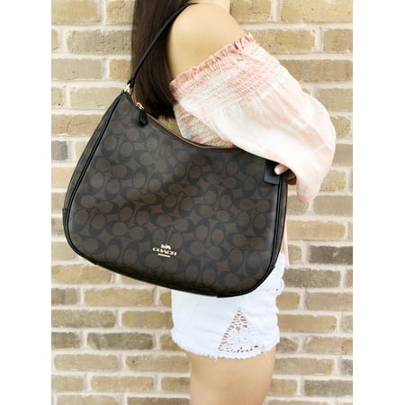 Coach F29209 Top Zip Shoulder Hobo Bag Brown Signature Black Leather