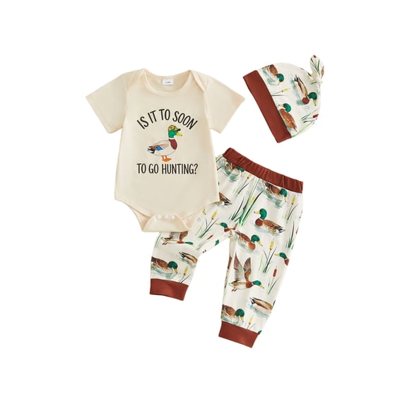 BemeyourBBs Newborn Baby Boy Duck Hunting Outfit Infant Baby Boys Spring Summer Fall Clothes Cute Duck Letters Print Short Sleeve Romper Long Pants and Knotted Hat 3 Piece Set