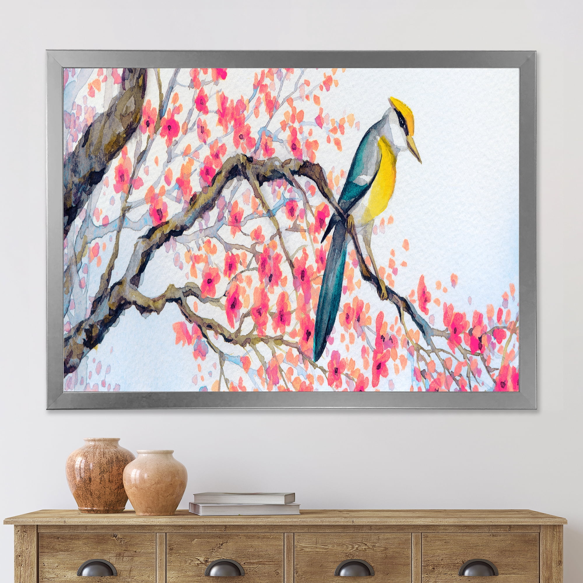 Beautiful Pink Bird Sitting On Flowering Branch I 40 in x 30 in Framed Painting Canvas Art Print, by Designart