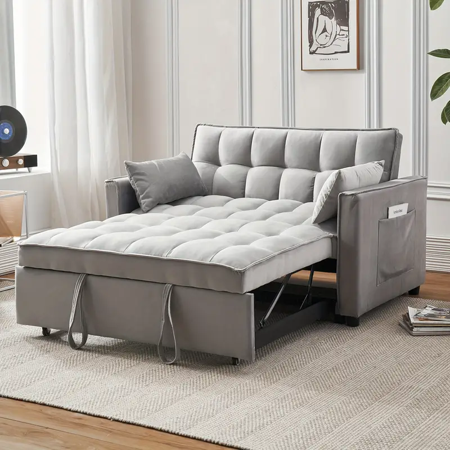 3-in-1 Convertible Sleeper Sofa Bed, Modern Velvet Loveseat Futon Couch Pullout Bed with Adjustable Backrest, Storage Pockets and Pillows for Living Room, Bedroom