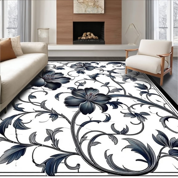 ODIKA 4'x6' Machine Washable Non-Slip Area Rug, Elegant Floral Design with Intricate Black and High Traffic Rug, Blue, 91176