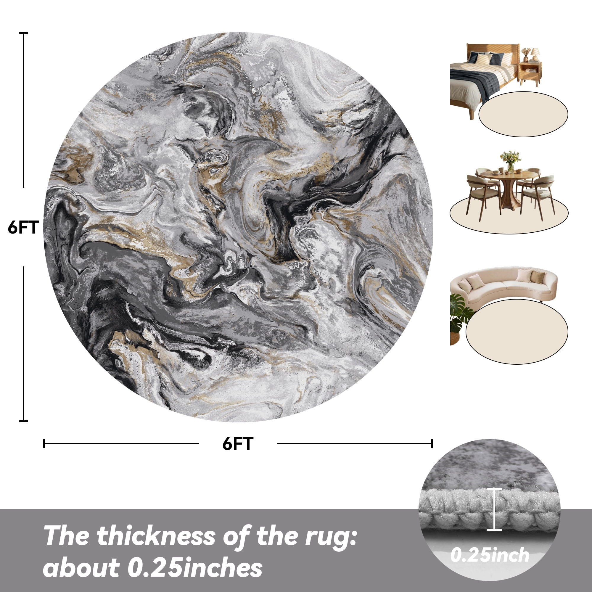 SIXHOME 6'x6' Area Rugs for Living Room Marble Swirl Abstract Rug Ultra Soft Washable Rugs for Bedroom Anti Slip Durable Carpet Home Decor for Dining Room