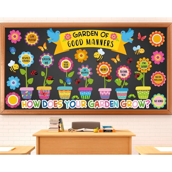 Large Spring Bulletin Board Flowers Decorations Classroom Garden of Good Manners Positive Bulletin Board Set Spring Butterfly Flowers Bee Cutouts Wall Decals for Teachers Classroom School Kids Decor