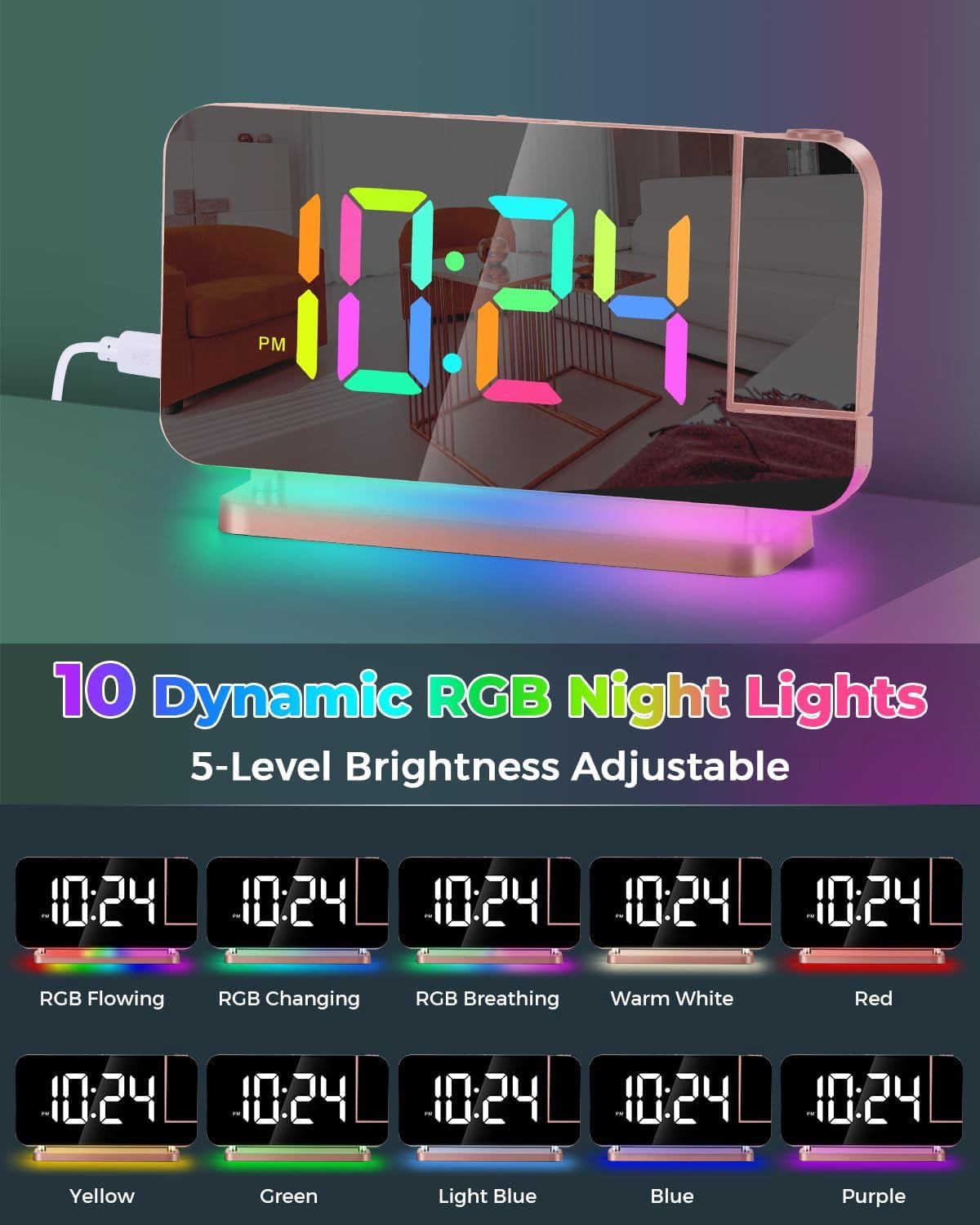 Wiher Projection Alarm Clock,7.4 in LED Mirror Digital Clocks Projection on Ceiling Wall,with RGB Night Light,USB C Charging Port,Auto Dimming,Modern Desk Clock for Bedroom Decor - Rose Gold