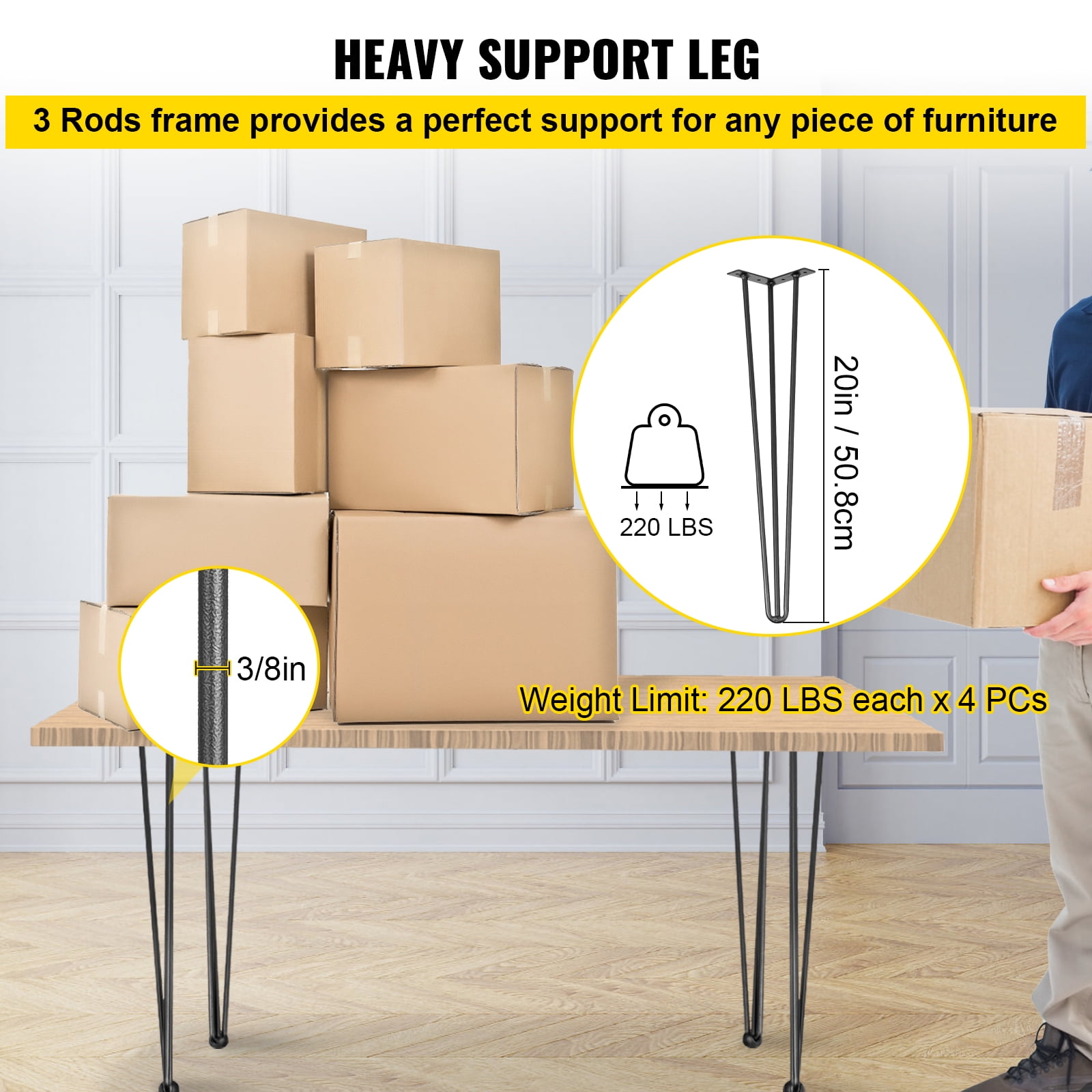 SKYSHALO 20 inch Hairpin Table Legs Black Set of 4 Desk Legs Each 100lbs Capacity Hairpin Desk Legs 3 Rods for Bench Desk Dining End Table Chairs Carbon Steel Heavy Duty Furniture Legs DIY Table Legs