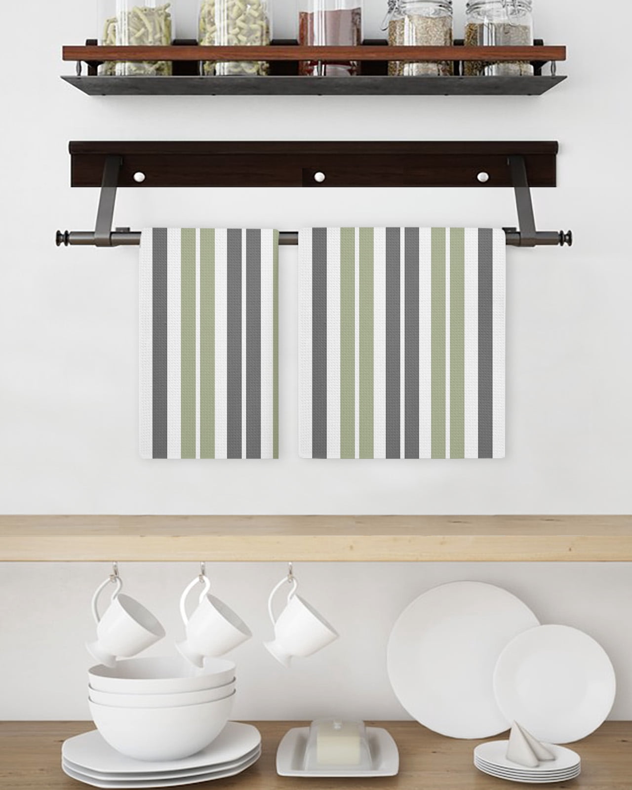 Sage Green Grey Striped Hand Towels Set, Waffle Weave Kitchen Towels 3 Pieces, Gray Modern Abstract Art Microfiber Hair Face Bath Tea Towel Absorbent Quick Drying Cleaning Dish Cloths 15.7"x23.6"