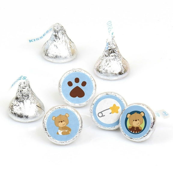 Big Dot of Happiness Baby Boy Teddy Bear - Baby Shower or Birthday Party Round Candy Sticker Favors - Labels Fits Chocolate Candy (1 sheet of 108)
