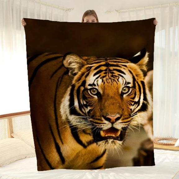 [60x50inch] Soft Funny Throw Blanket Tiger Patterned Flannel Blanket, Warm Nap Blanket For Couch Sofa Office Bed Camping Travel
