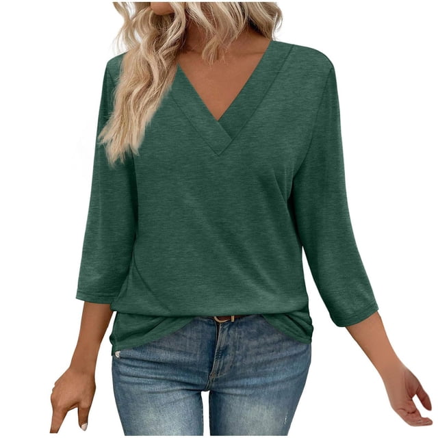 Plebaso Chemises à Manches 3/4 pour Femmes Col en V Tunique Décontractée Blouses Amples Unies pour Dames