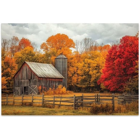shiyou-Yellow Barn Fall Canvas Wall Art, Autumn Fall Room Décor Country Landscape Prints Painting Posters Artwork Farmhouse Decor, Rustic Wall Décor for Living Room Bedroom (Unframed,18\u201dx12\u201