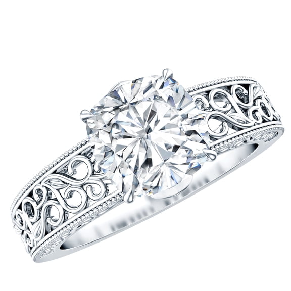 Rosec Jewels Certified Moissanite Cushion Cut Engagement Ring 3 Carat - Filigree Ring - 8 mm - D-VS1 Quality, 925 Sterling Silver, US 4.00