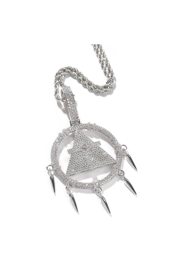 14K White Gold Over Finish Simulated Diamond Iced out Bling Custom Triangle Masonic Gothic Charm Pendant Necklace, Gift for him, Birthday