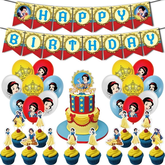 30 Pcs For Snow Theme For Princess Birthday Party Decoration Set - Includes Happy Birthday Banner, Cake Topper, Cupcake Toppers, and Balloons for Kids’ Celebrations