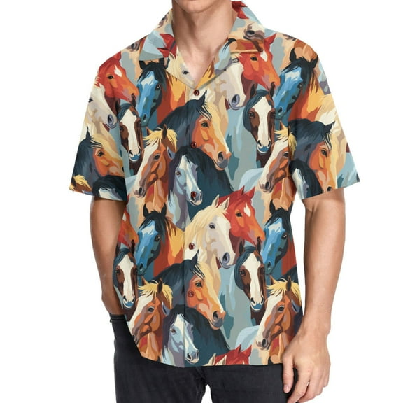 joogoo Men's Hawaiian Shirt Horses Short Sleeve Casual Button Down Shirts M