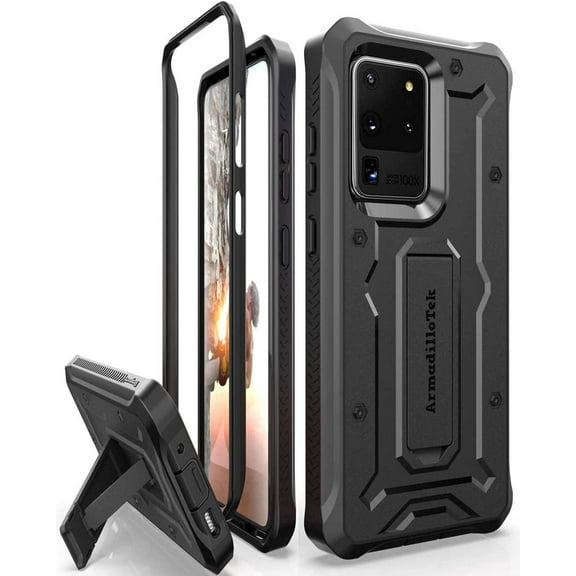 ArmadilloTek Vanguard Case Compatible with Samsung Galaxy S20 Ultra (6.9 inches) Military Grade Full-Body Rugged with Built-in Kickstand [Screenless Version] - Black