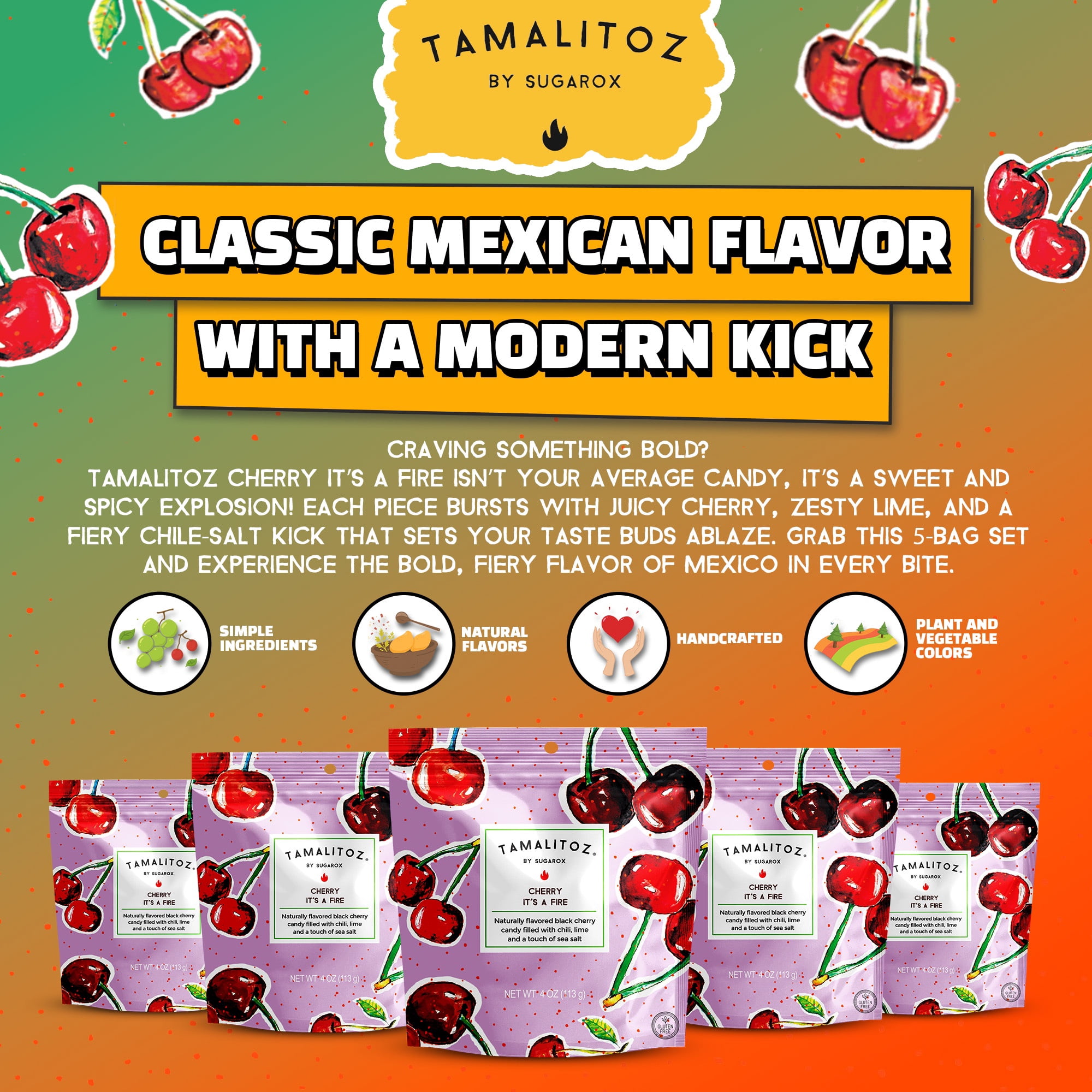 Tamalitoz Cherry It’s a Fire – Spicy Cherry Mexican Hard Candy with Chile, Lime & Sea Salt – Handcrafted Candy, Gluten-Free, Kosher, No Artificial Colors – 5 Bags, 4oz Each
