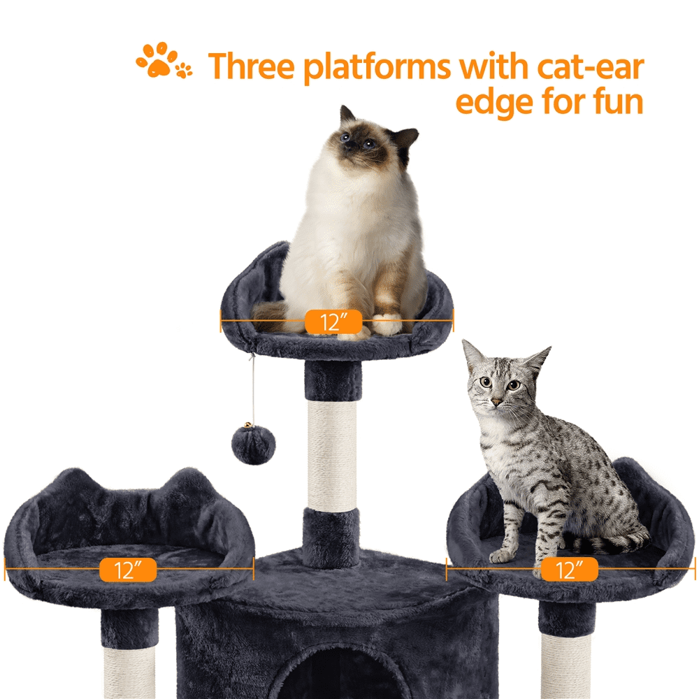 Alden Design 76.5" H Large Cat Tree Tower with 3 Condos Cozy Perches Dangling Ball, Black