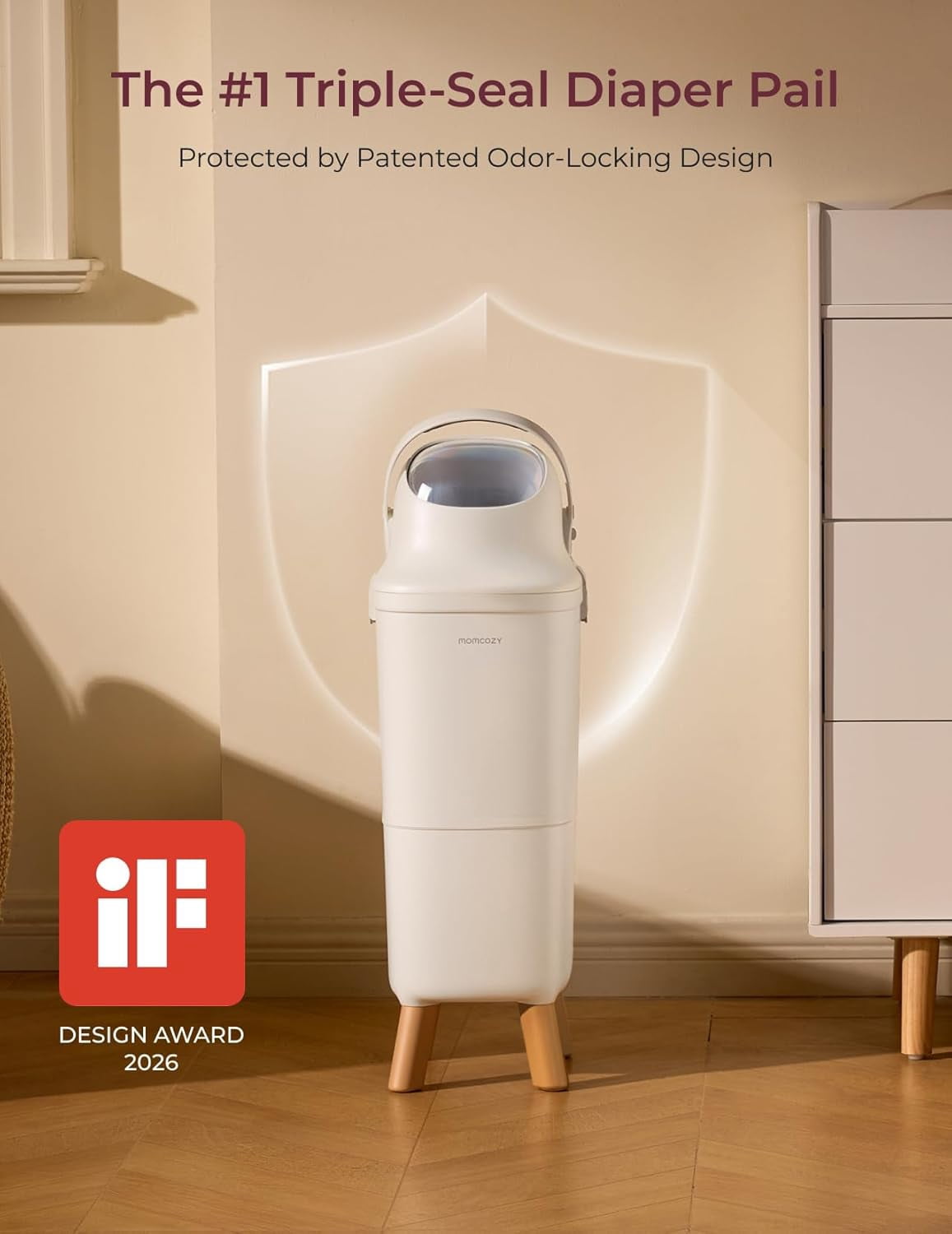 Momcozy Diaper Pail with Patented Triple-Seal Odor Control, Wide Opening, Ergonomic Height, Large Capacity with Viewing Window, Childproof Lock, Fits Standard Trash Bags