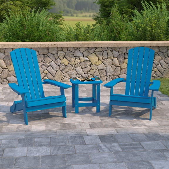 BizChair 2 Pack Commercial All-Weather Poly Resin Folding Adirondack Chairs with Side Table in Blue