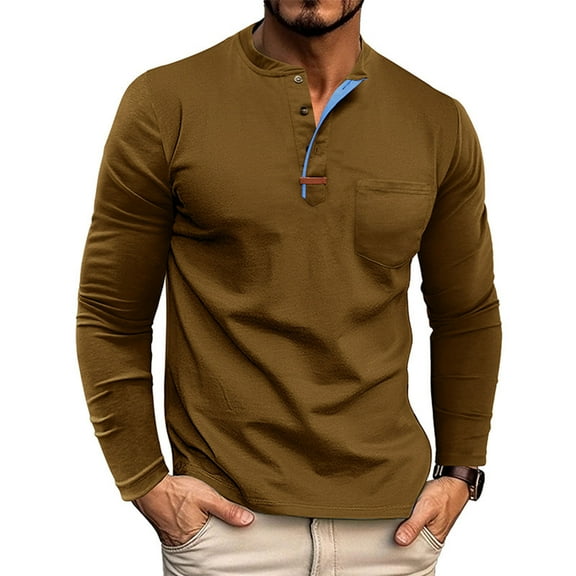 Fnnxeal Mens Polo Shirts Cotton Fall Winter Casual Long Sleeve Henry Solid Button Shirts with Pocket Brown Size M