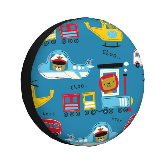 Fuzoiu Transportations With Cute Animals Print Universal Spare Tire Cover with Buckle Strap, Waterproof Wheel Covers for Jeep, Trailer, RV, Truck and All Car-14 inch