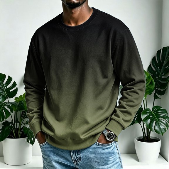 Zylanna Mens Gradient Pullover Sweatshirt, Hoodless Long Sleeve Relaxed Fit Crew Neck Casual Shirt Tops for Men Army Green