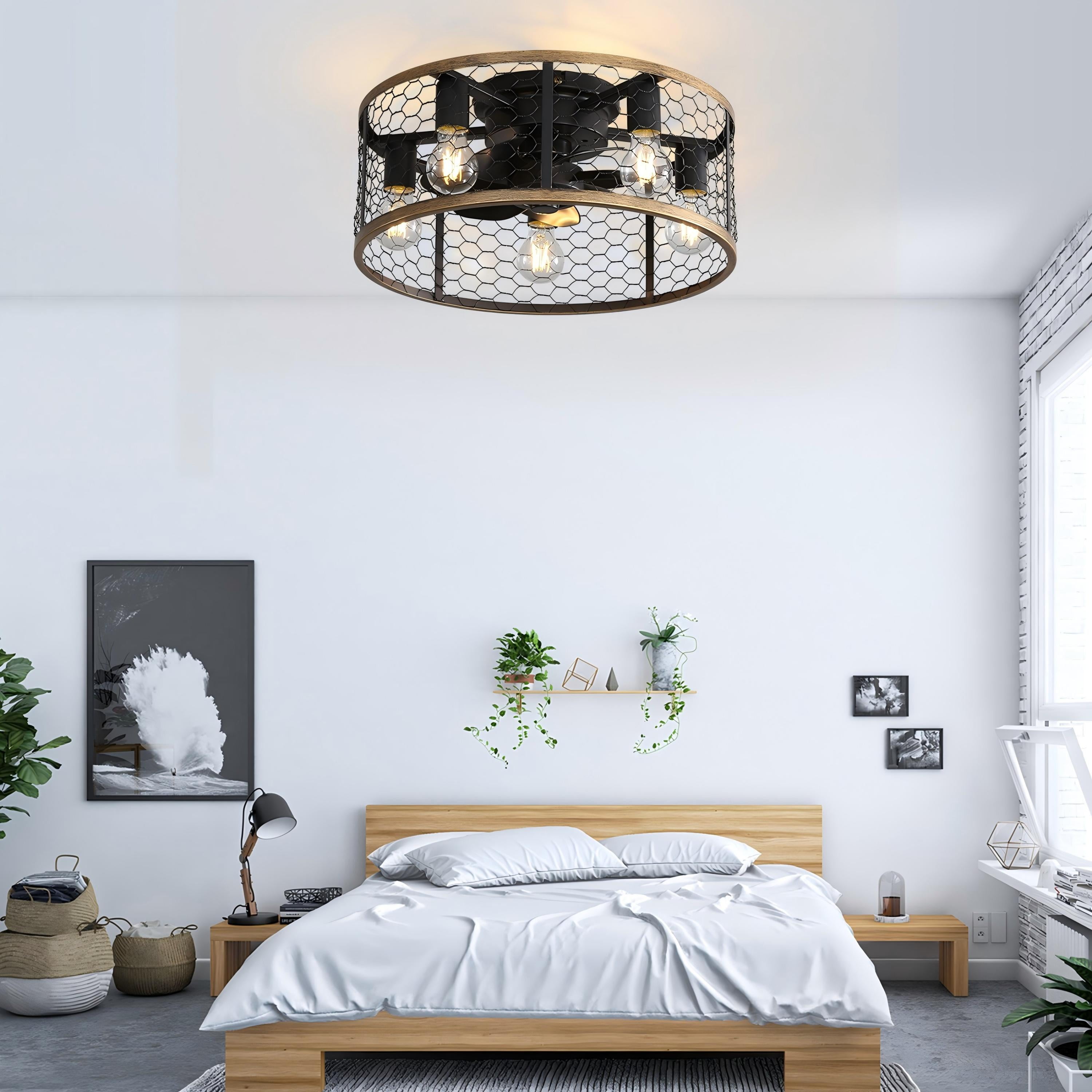 Sofucor 20" Matte Black Caged Ceiling Fan with 5-Piece Lighting Kit and Remote Control
