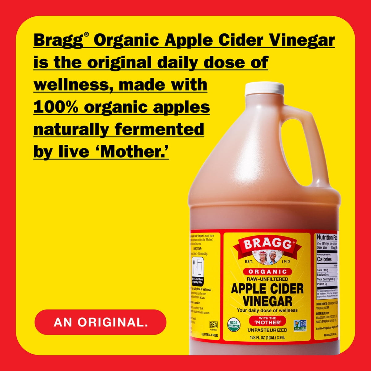 Bragg Organic Apple Cider Vinegar with The Mother, Raw and Unfiltered, 128 fl oz