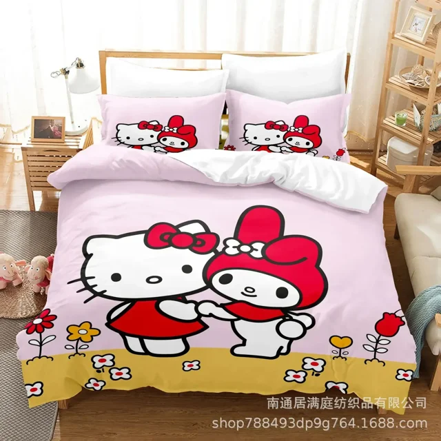Sanrio Digital Printing HelloKitt Pudding Dog Cartoon Style Quilt Cover Bedding Three-piece Set Two-dimensional Home Furnishing WT