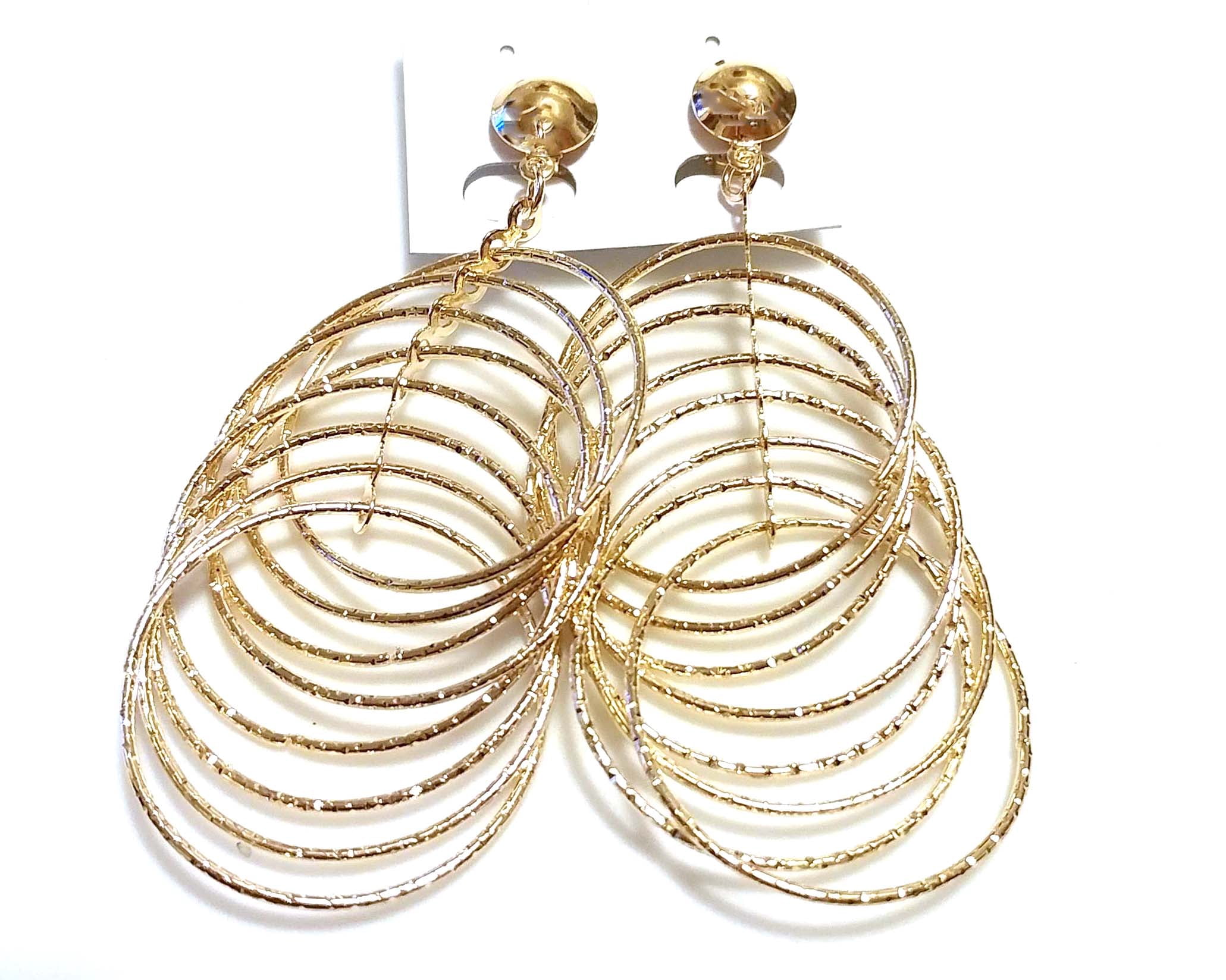 Fashion Jewelry Clipon Earrings Frosted Gold Tone Layered Hoop Drop